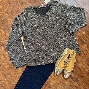Love+Luxe Blue and Gold Metallic Tweed Knit Lady Jacket Size L - NEW